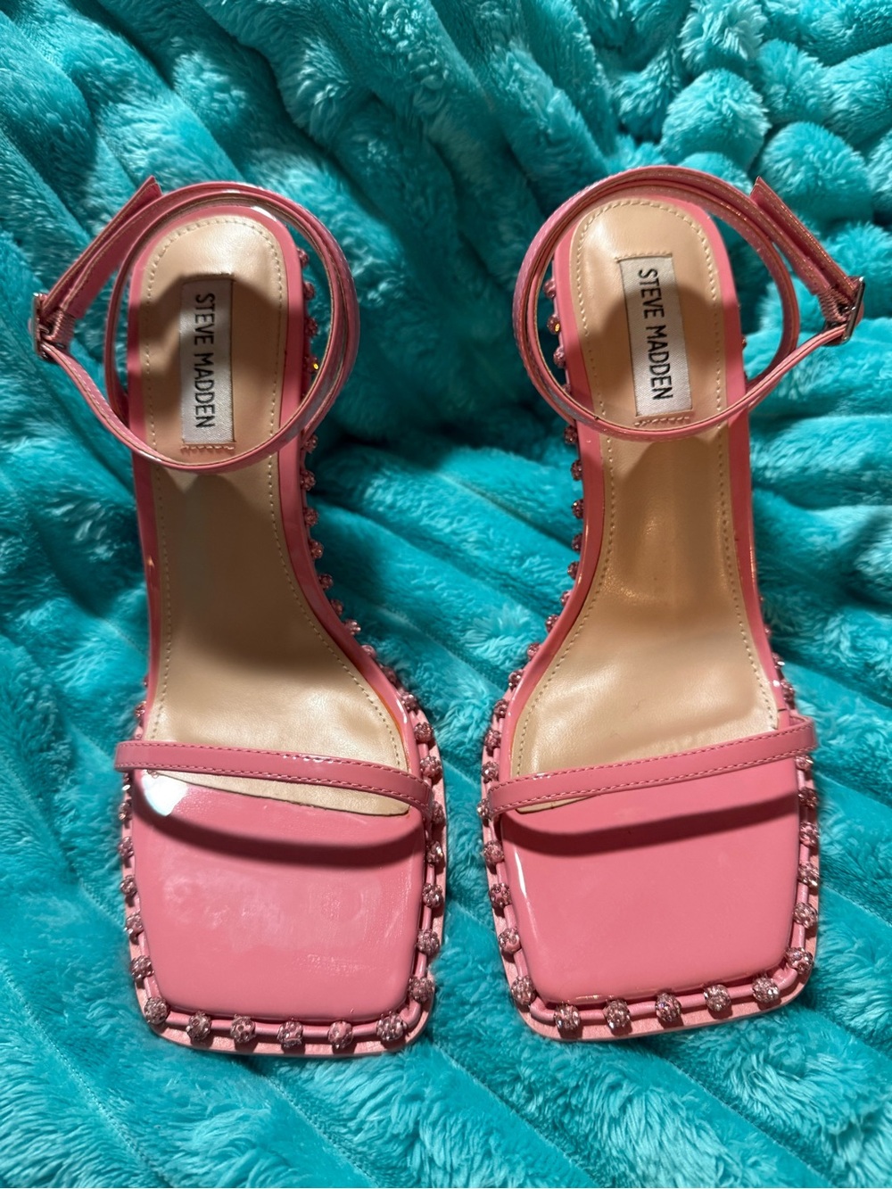 Steve Madden Pink Studded Square-Toe Ankle-Strap Heels - Picture 1 of 4